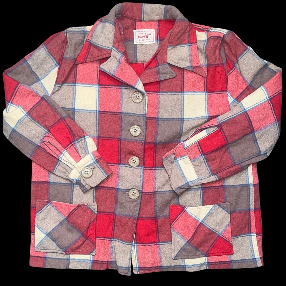 Vintage Wool Plaid Retro‎ Jacket, Kasual-Knit Cottagecore Red Gray Button Front